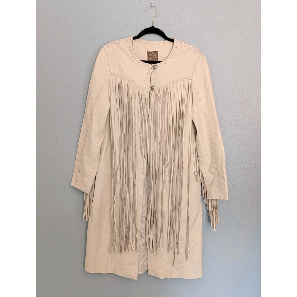 Double D Ranch Pettytown Biscuit Leather Fringed Duster Lined Size M Ivory